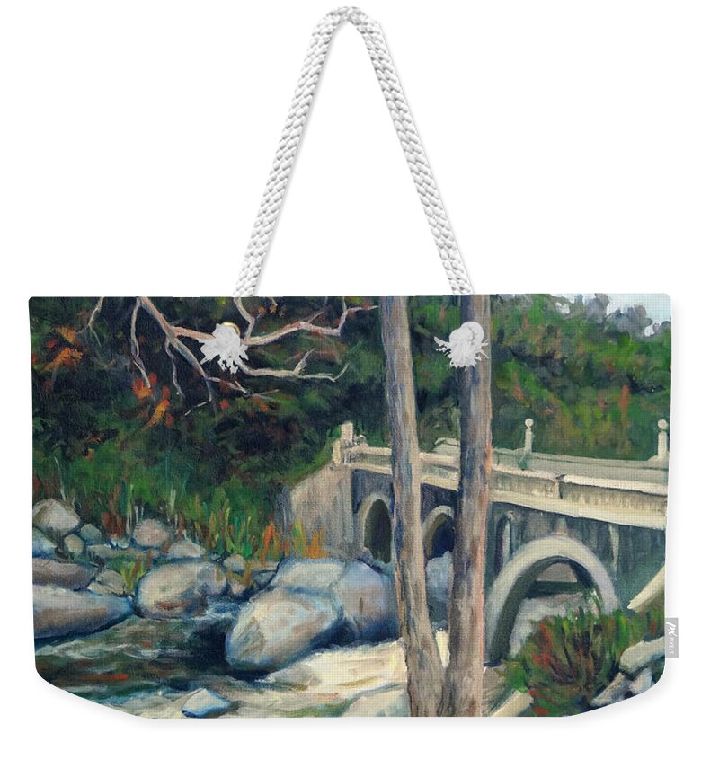 Landscape Weekender Tote Bag featuring the painting Pumpkin Hollow Bridge by Barbara Oertli