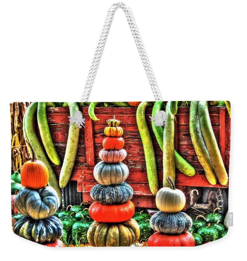 Pumpkins Weekender Tote Bag featuring the digital art Pumpkins and Gourds by Linda Segerson