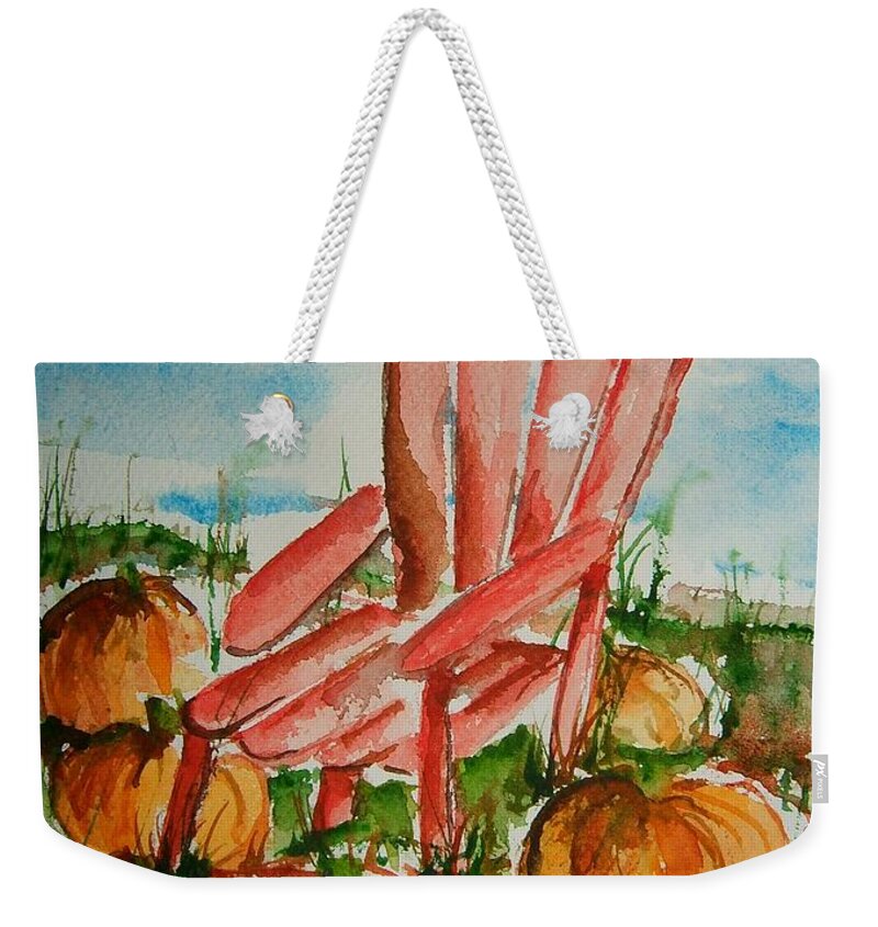 Pumpkins Weekender Tote Bag featuring the painting Pumpkins want a Seat by Elaine Duras