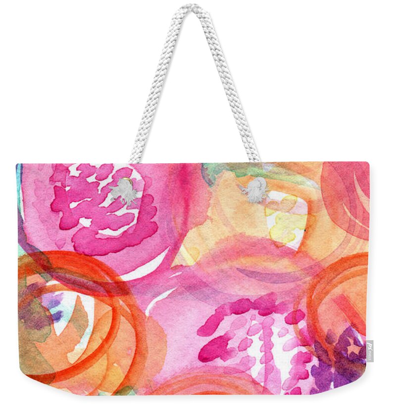 Flowers Weekender Tote Bag featuring the painting Purple and Orange Flowers by Linda Woods