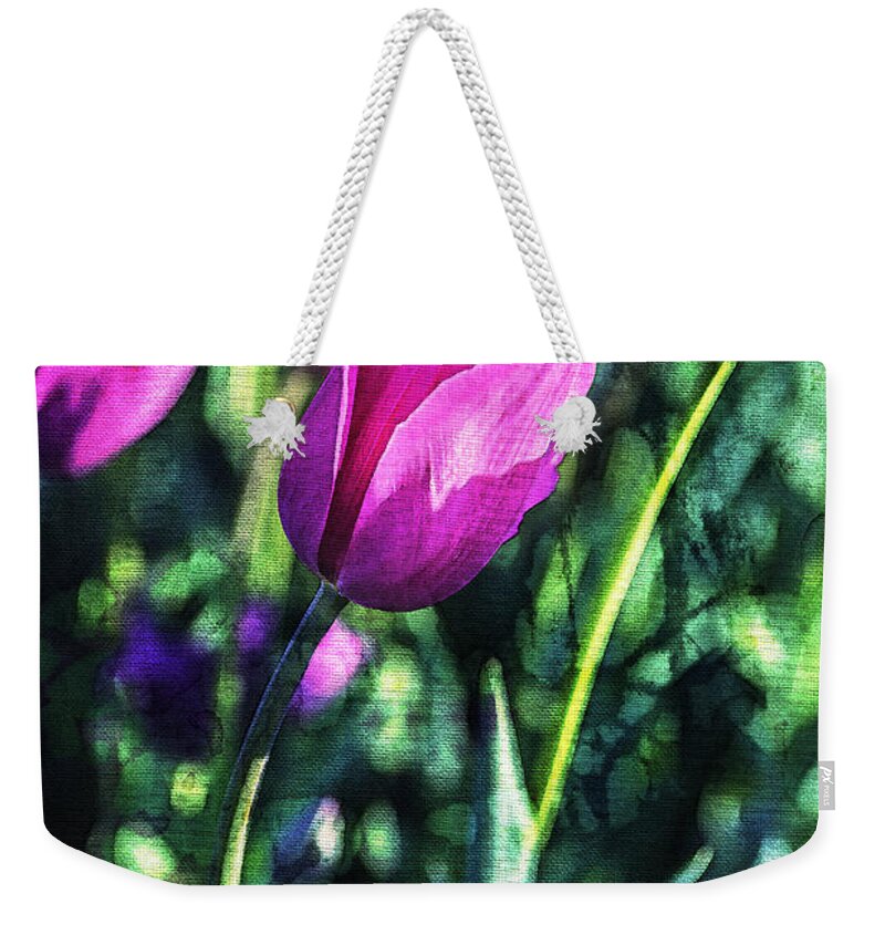 Tulips Weekender Tote Bag featuring the painting Purple and PInk Tulip Companions by Jani Bryson