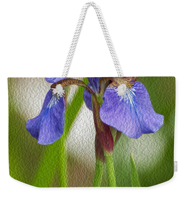 Bearded Iris Weekender Tote Bag featuring the photograph Purple Bearded Iris Oil by Brenda Jacobs