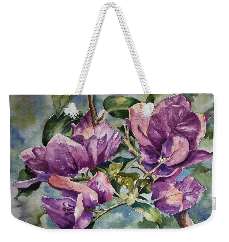 Bougainvillea Weekender Tote Bag featuring the painting Purple Beauties - Bougainvillea by Roxanne Tobaison