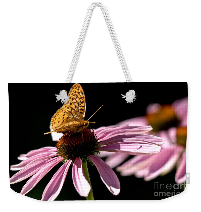 Butterfly Weekender Tote Bag featuring the photograph Purple Cone flowers and Friend by Cheryl Baxter
