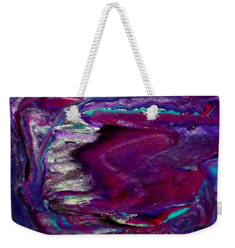 Abstract Weekender Tote Bag featuring the mixed media Purple Craze by Deborah Stanley