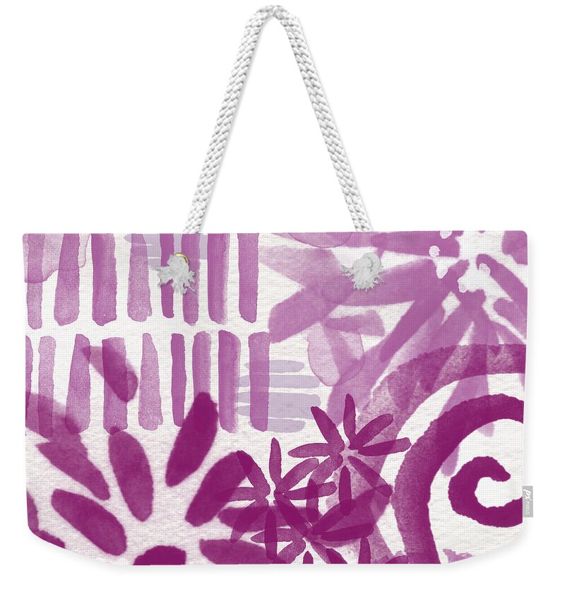 Purple And White Abstract Weekender Tote Bag featuring the painting Purple Garden - Contemporary Abstract Watercolor Painting by Linda Woods