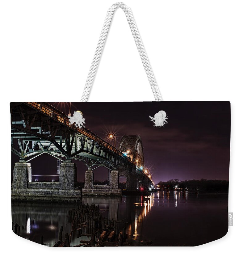 Tacony Bridge Weekender Tote Bag featuring the photograph Purple haze by Rob Dietrich