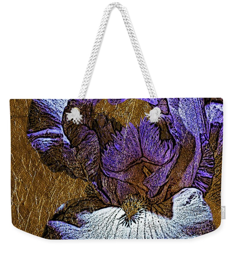 Iris Weekender Tote Bag featuring the photograph Purple Iris Gold Leaf by Phyllis Denton