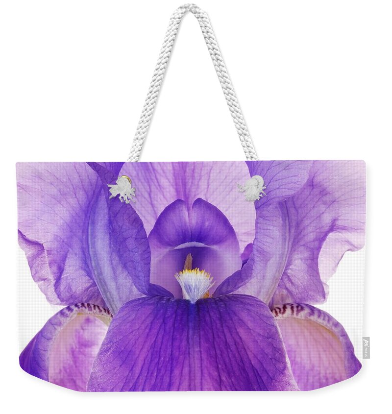 Iris Weekender Tote Bag featuring the photograph Purple Iris by Jim Hughes