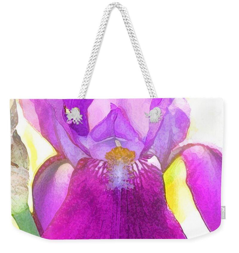 Iris Weekender Tote Bag featuring the digital art Purple Iris Watercolor by Karen Adams