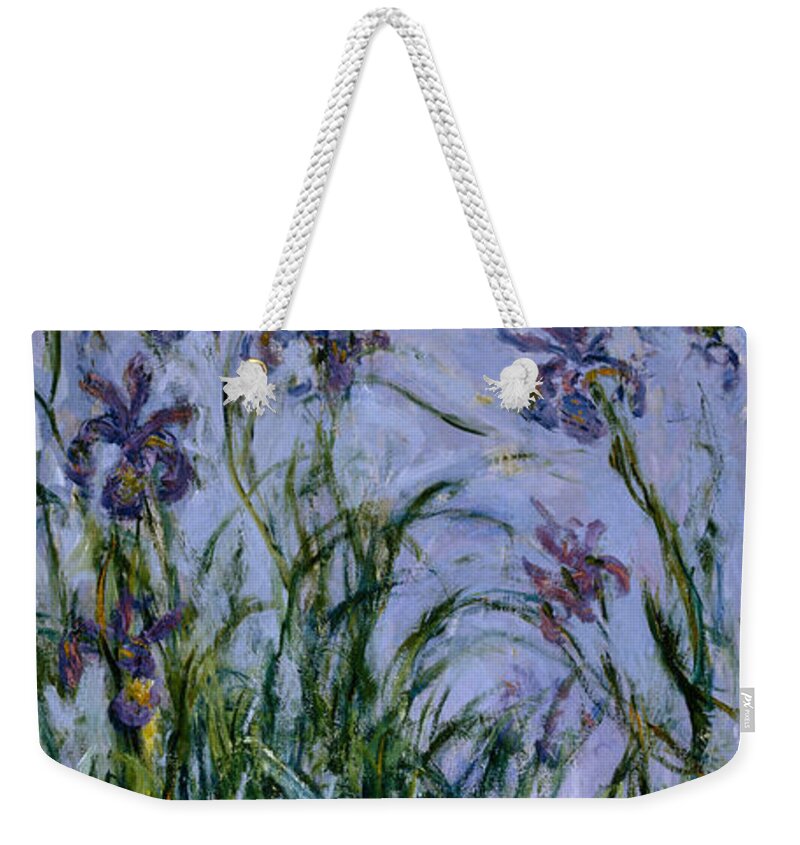 Purple Weekender Tote Bag featuring the painting Purple Irises by Claude Monet