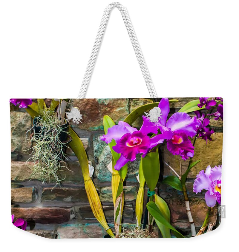 Spa Weekender Tote Bag featuring the photograph Purple Orchids With Cultured Stone Background by Alex Grichenko