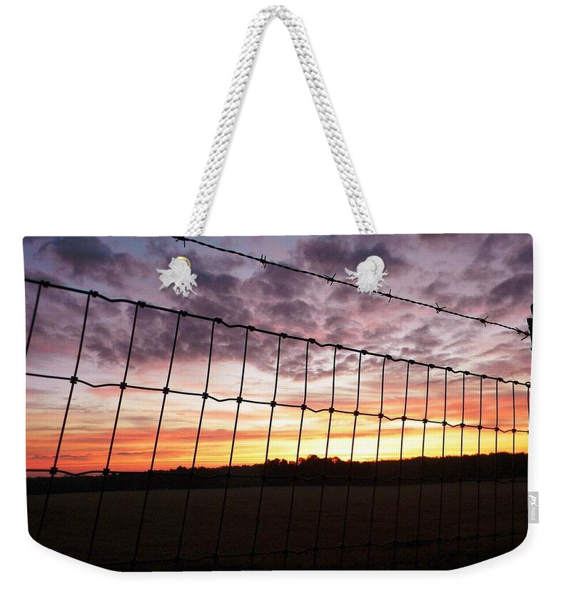 Sunrise Weekender Tote Bag featuring the digital art Purple Sunrise Windows From Heaven by Matthew Seufer