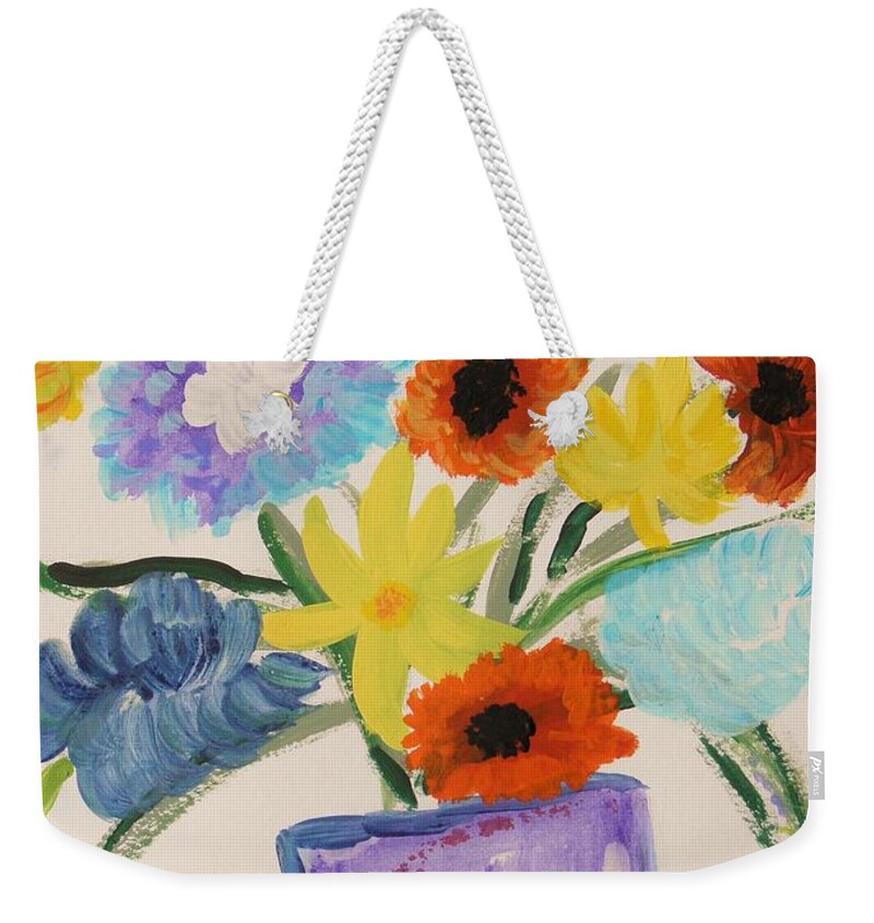 Vase Weekender Tote Bag featuring the painting Purple Vase Filled by Mary Carol Williams