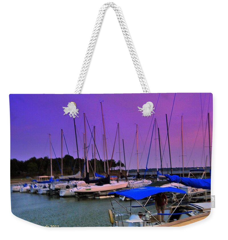 Evening Sailboats Weekender Tote Bag featuring the digital art Putting The Sails To Bed At Sunset by Pamela Smale Williams