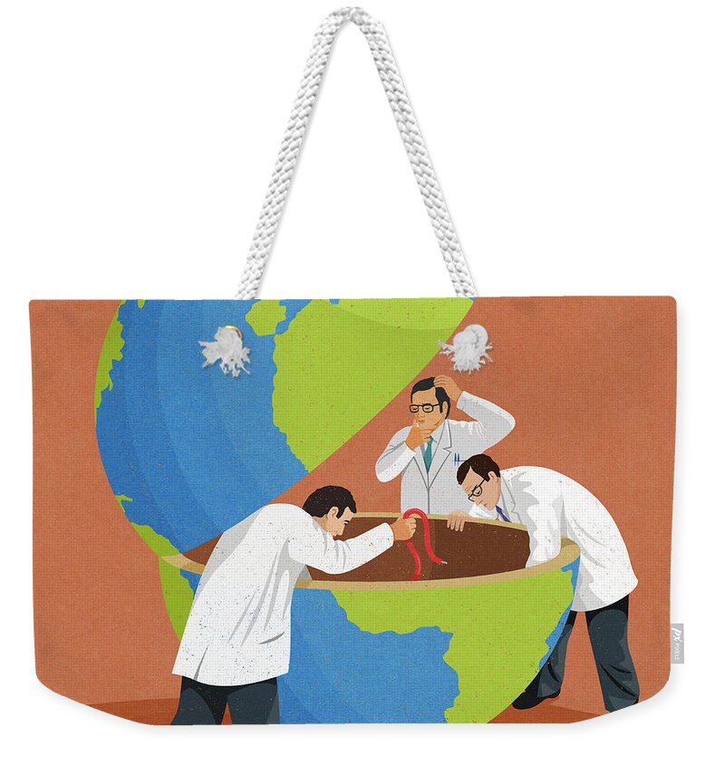 30-35 Weekender Tote Bag featuring the photograph Puzzled Scientists Mending Broken Globe by Ikon Ikon Images