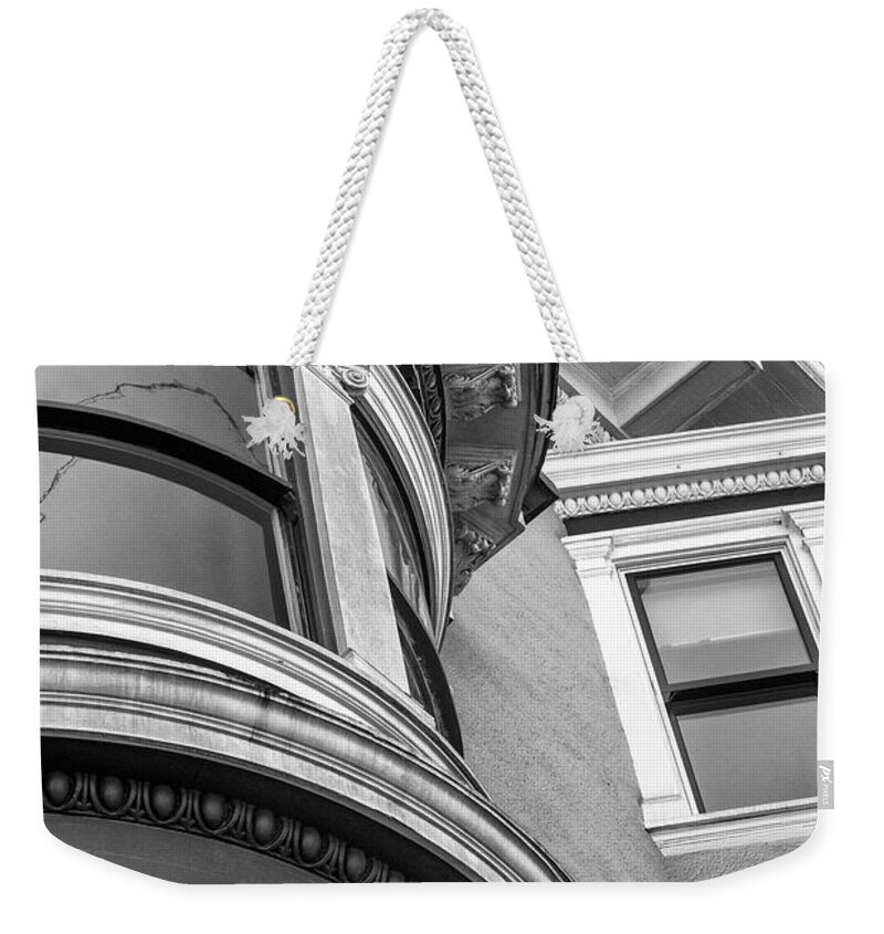 San Francisco Weekender Tote Bag featuring the photograph Queen Ann Bay Window bw by Jerry Fornarotto