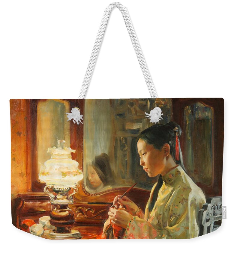 China Weekender Tote Bag featuring the painting Quiet evening by Victoria Kharchenko