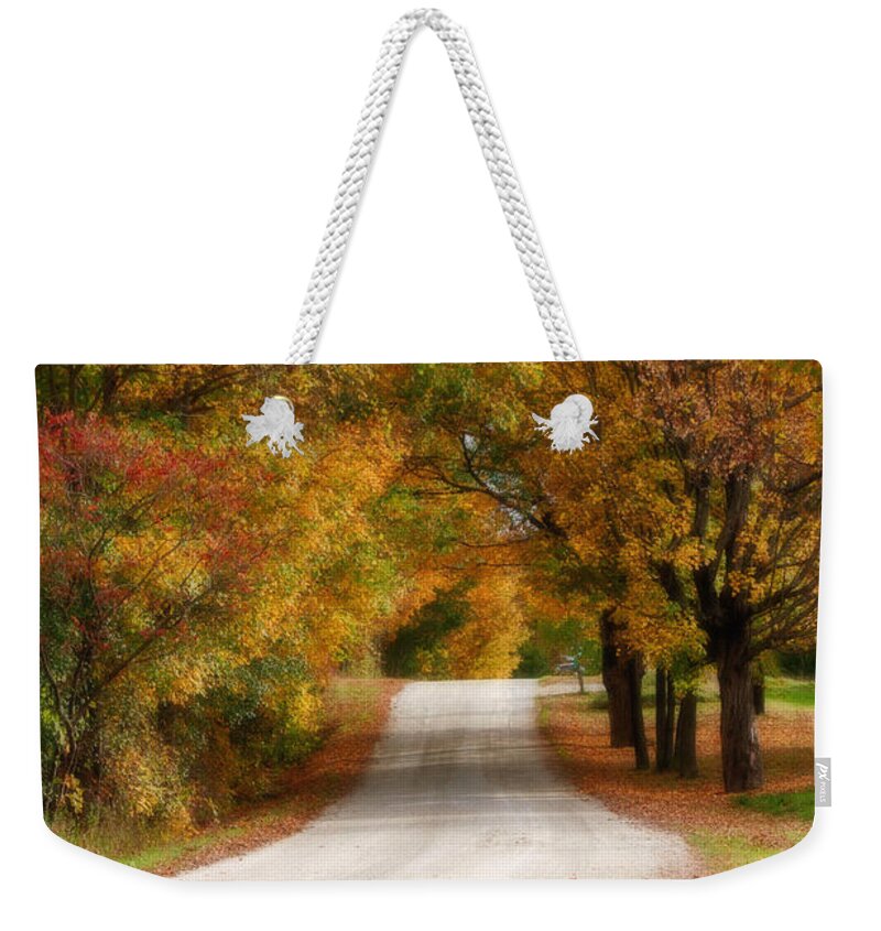 New England Fall Foliage Weekender Tote Bag featuring the photograph Quiet Vermont backroad by Jeff Folger