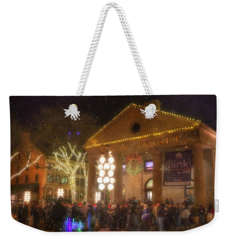 Boston Weekender Tote Bag featuring the photograph Quincy Market at Night with Snow - Boston by Joann Vitali