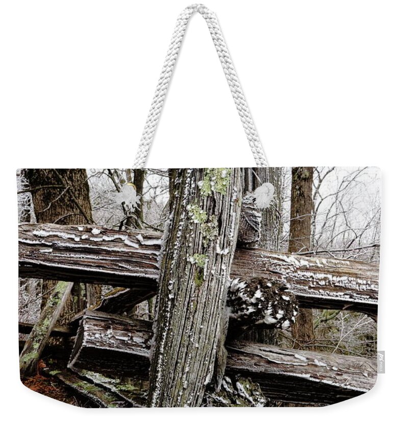 Landscape Weekender Tote Bag featuring the photograph Rail Fence With Ice by Daniel Reed
