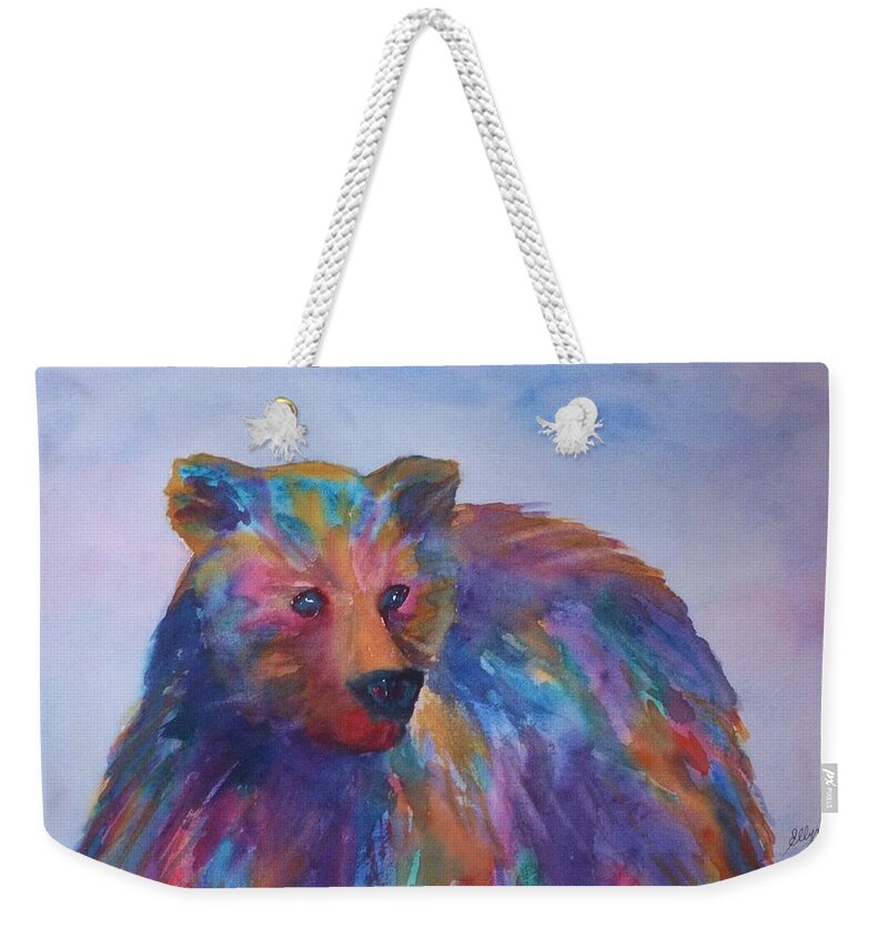 Bear Weekender Tote Bag featuring the painting Rainbow Bear by Ellen Levinson