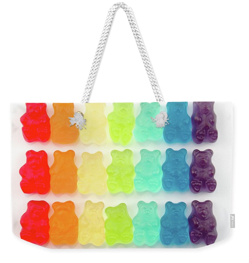 Order Weekender Tote Bag featuring the photograph Rainbow Jelly Bear Candy by Melissa Ross