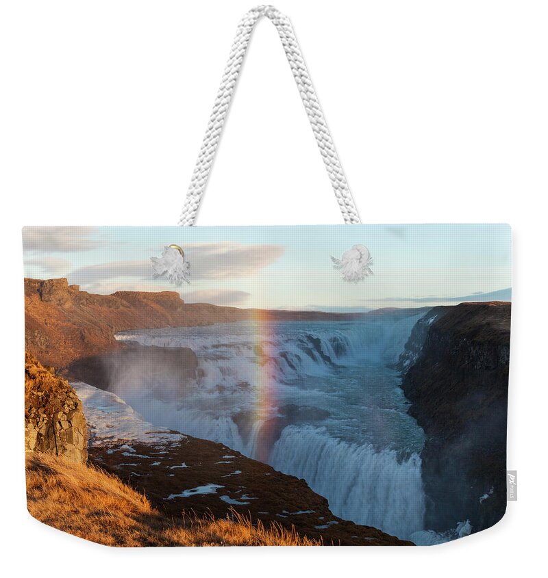 Scenics Weekender Tote Bag featuring the photograph Rainbow Over Gulfoss Waterfall, South by Peter Adams