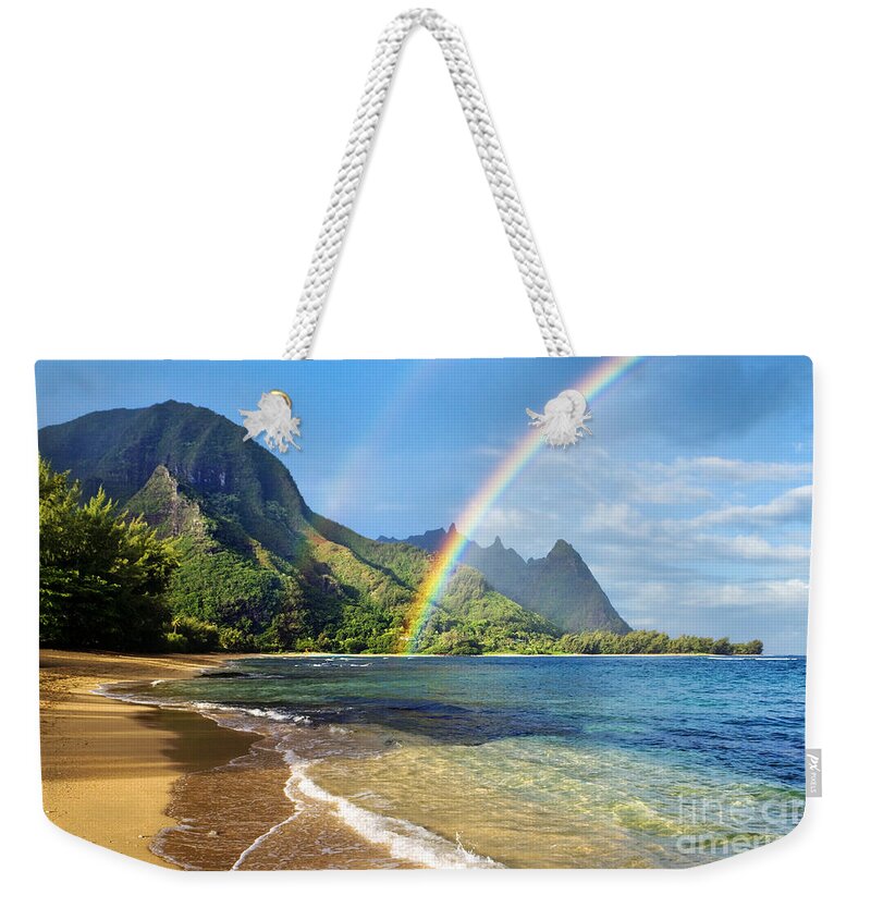 Amazing Weekender Tote Bag featuring the photograph Rainbow over Haena Beach by M Swiet Productions