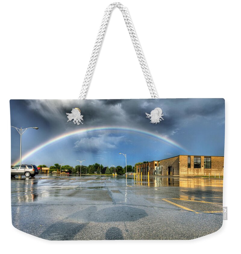 Rainbow Weekender Tote Bag featuring the photograph Rainbow Over Roseville MI 8/9/13 by A And N Art