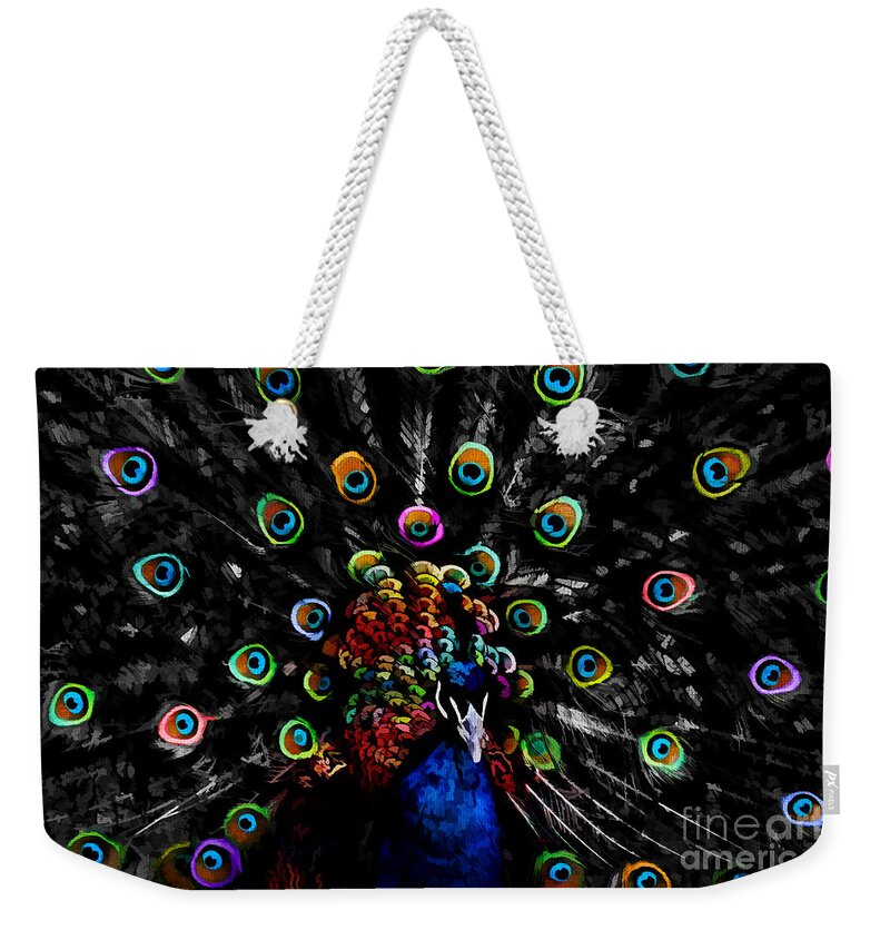 Colorful Peacock Weekender Tote Bag featuring the digital art Rainbow Peacock by Jayne Carney
