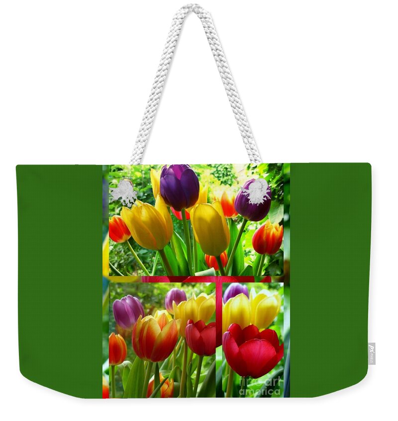 Tulips Weekender Tote Bag featuring the photograph Rainbow Tulips Collage 2 by Joan-Violet Stretch