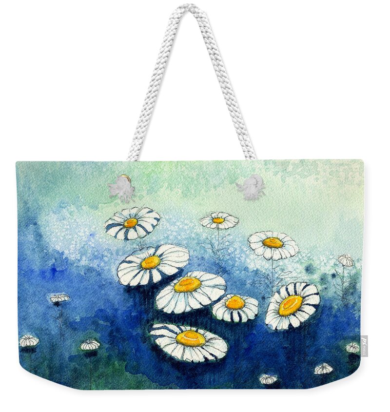 Indigo Weekender Tote Bag featuring the painting Rainy Daisies by Katherine Miller