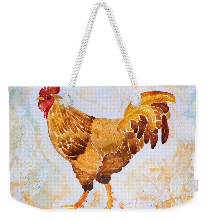 Rooster Weekender Tote Bag featuring the painting Rainy Day Rooster by Barbara McMahon