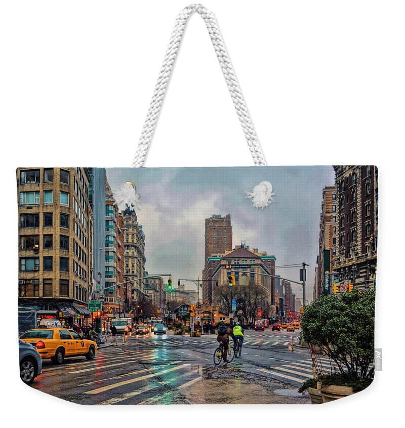 'upper West Side Weekender Tote Bag featuring the photograph X-ing Broadway by Jeffrey Friedkin