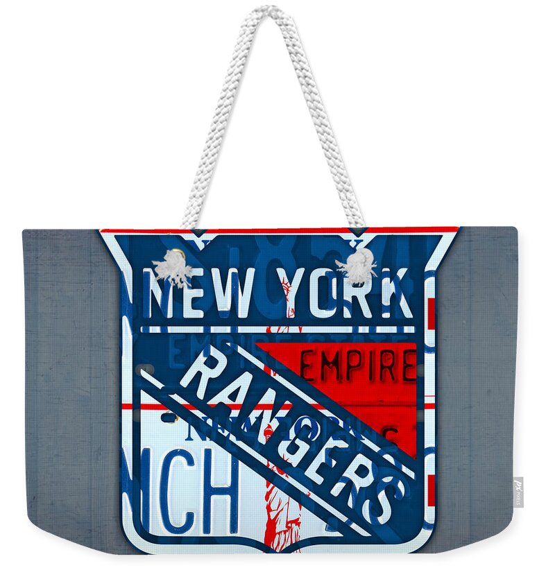 Rangers Weekender Tote Bag featuring the mixed media Rangers Original Six Hockey Team Retro Logo Vintage Recycled New York License Plate Art by Design Turnpike
