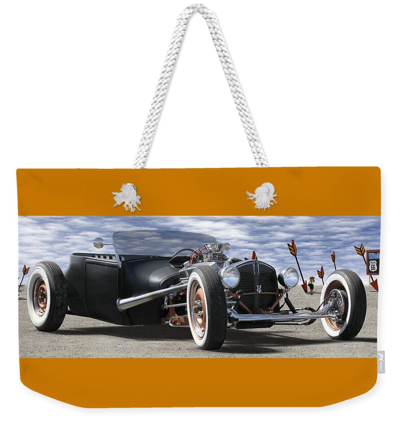 Transportation Weekender Tote Bag featuring the photograph Rat Rod On Route 66 2 Panoramic by Mike McGlothlen