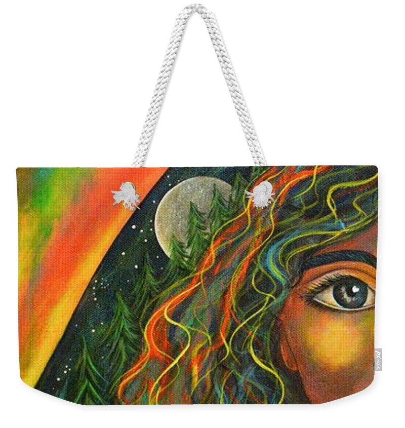 Sacred Art Paintings Weekender Tote Bag featuring the painting Raven Moon by Deborha Kerr