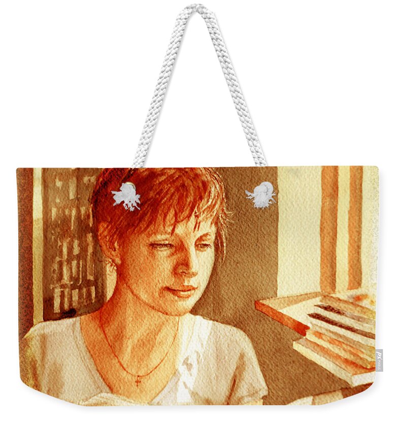 Reading Weekender Tote Bag featuring the painting Reading A Book Vintage Style by Irina Sztukowski
