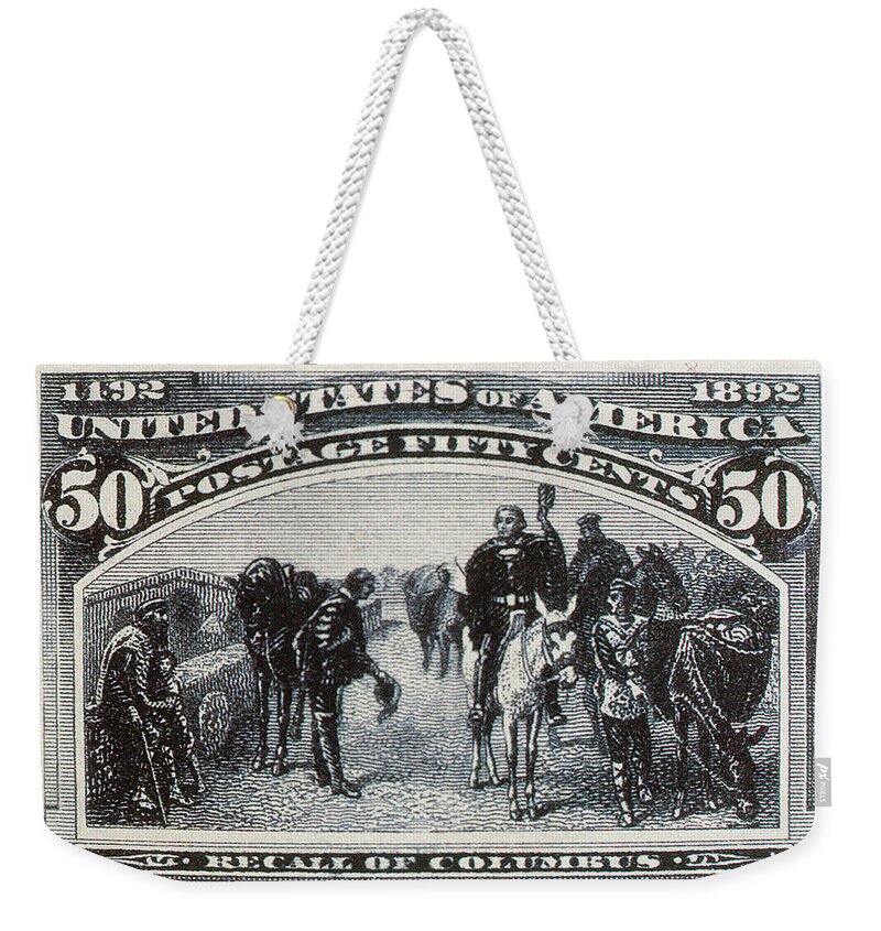 Philately Weekender Tote Bag featuring the photograph Recall Of Columbus, U.s. Postage Stamp by Science Source