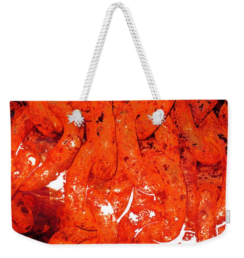 Red Weekender Tote Bag featuring the painting Red Abstract Art - Linked - By Sharon Cummings by Sharon Cummings