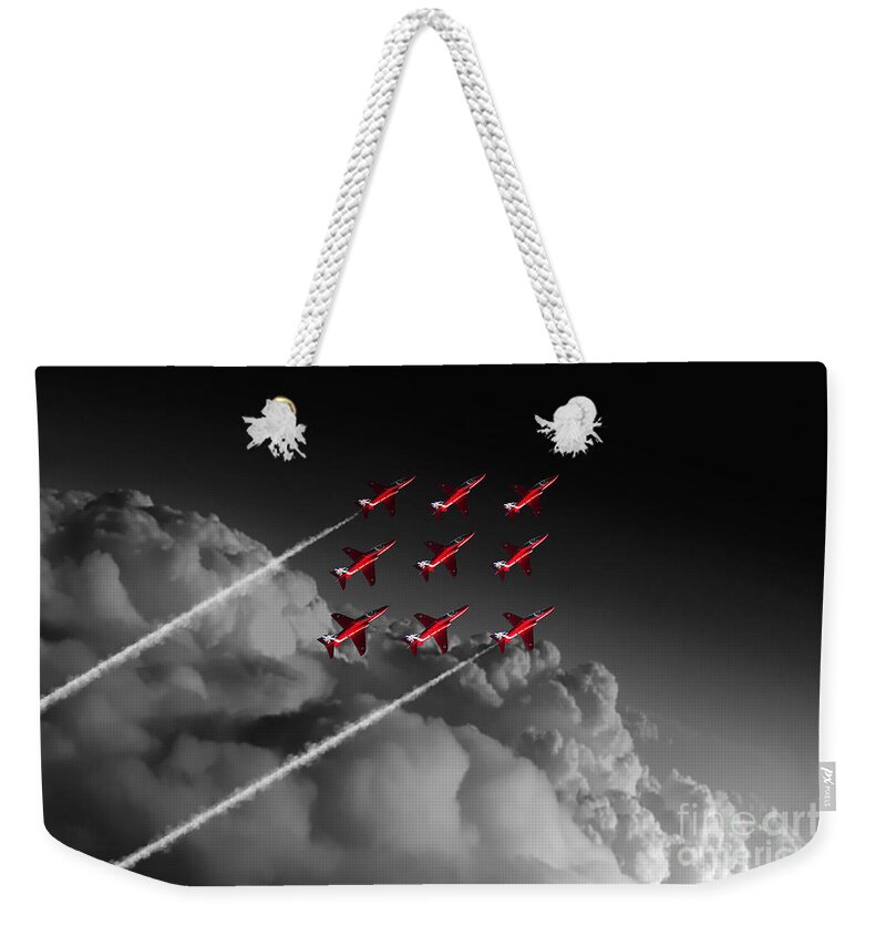 Red Weekender Tote Bag featuring the digital art Red Arrows Diamond 9 - Pop by Airpower Art