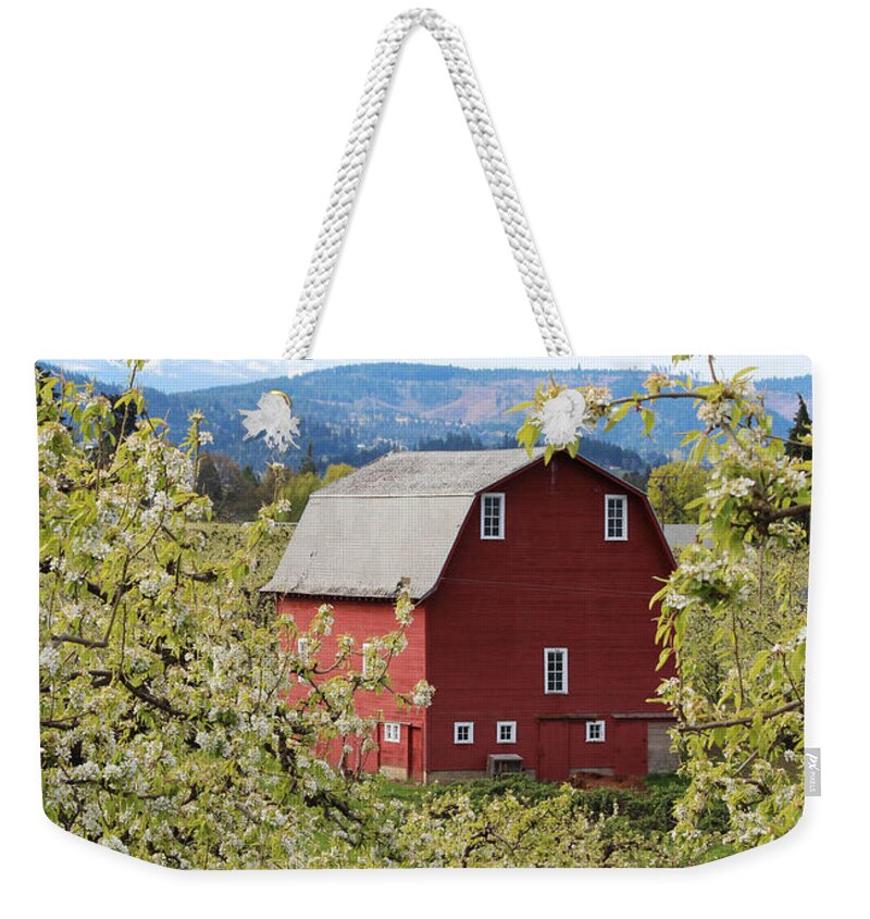 Barn Weekender Tote Bag featuring the photograph Red Barn and Apple Blossoms by Patricia Babbitt