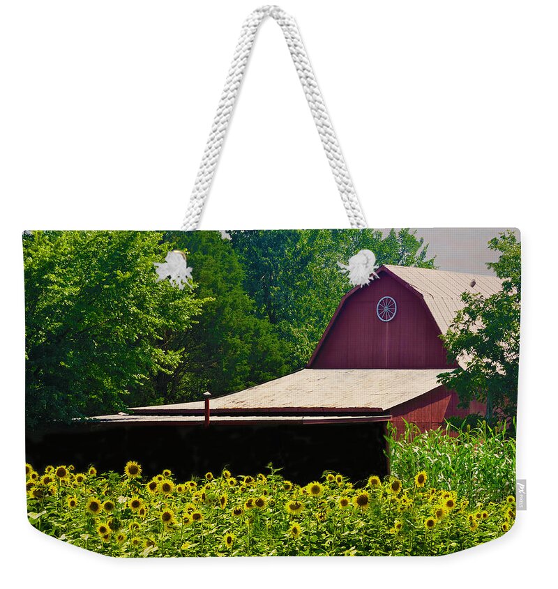 Red Barn Weekender Tote Bag featuring the photograph Red Barn Surrounded by Sandi OReilly