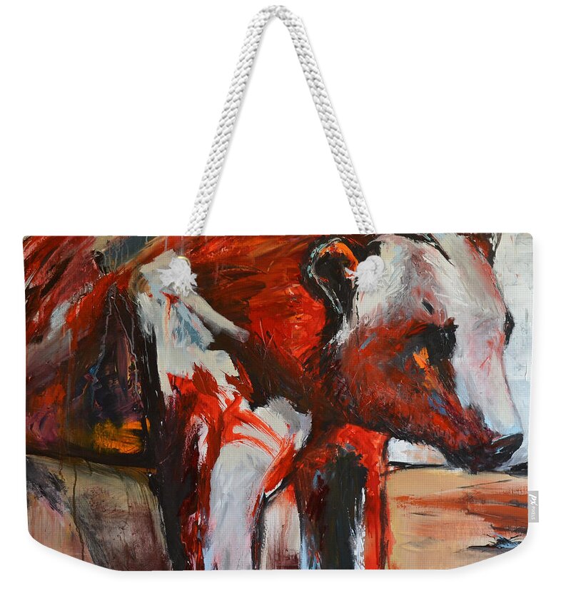 Horse Weekender Tote Bag featuring the painting Red Bear by Cher Devereaux