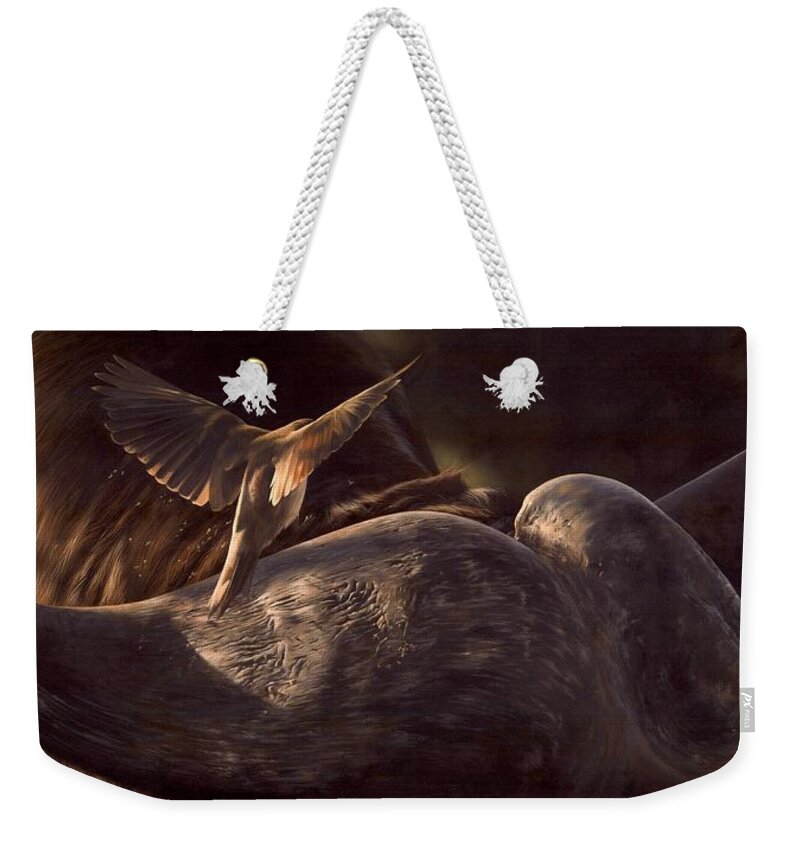 Buffalo Weekender Tote Bag featuring the painting Red-Billed Oxpecker and Cape Buffalo Painting by Rachel Stribbling