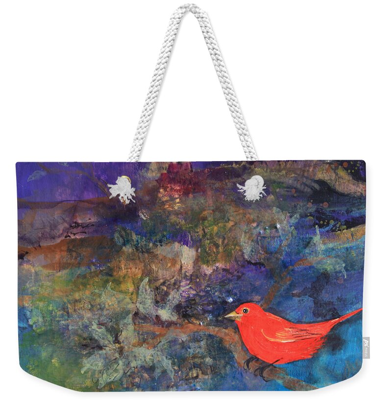 Red Bird Weekender Tote Bag featuring the painting Red Bird by Robin Pedrero
