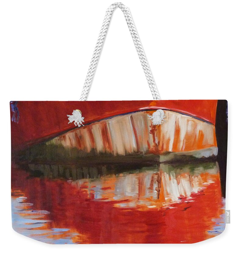 Puget Sound Weekender Tote Bag featuring the painting Red Boat by Nancy Merkle