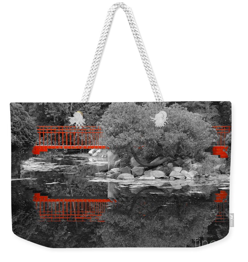 Black Weekender Tote Bag featuring the photograph Red Bridge Black and White by Erick Schmidt