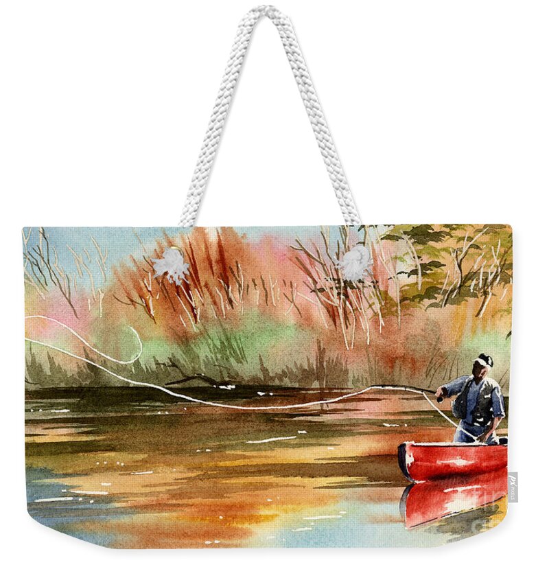 Fly Weekender Tote Bag featuring the painting Red Canoe by David Rogers